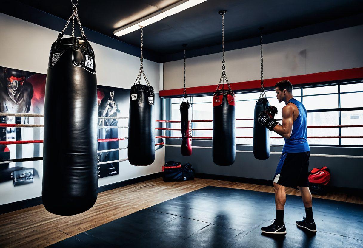 A dynamic scene featuring a well-equipped boxing training gym, showcasing an array of boxing gear including gloves, headgear, heavy bags, and a boxing ring. In the foreground, an athlete is practicing a punch while a coach gives guidance, with championship belts displayed on the wall in the background. The atmosphere is energetic and motivational, emphasizing the journey from training to competition. vibrant colors. super-realistic.